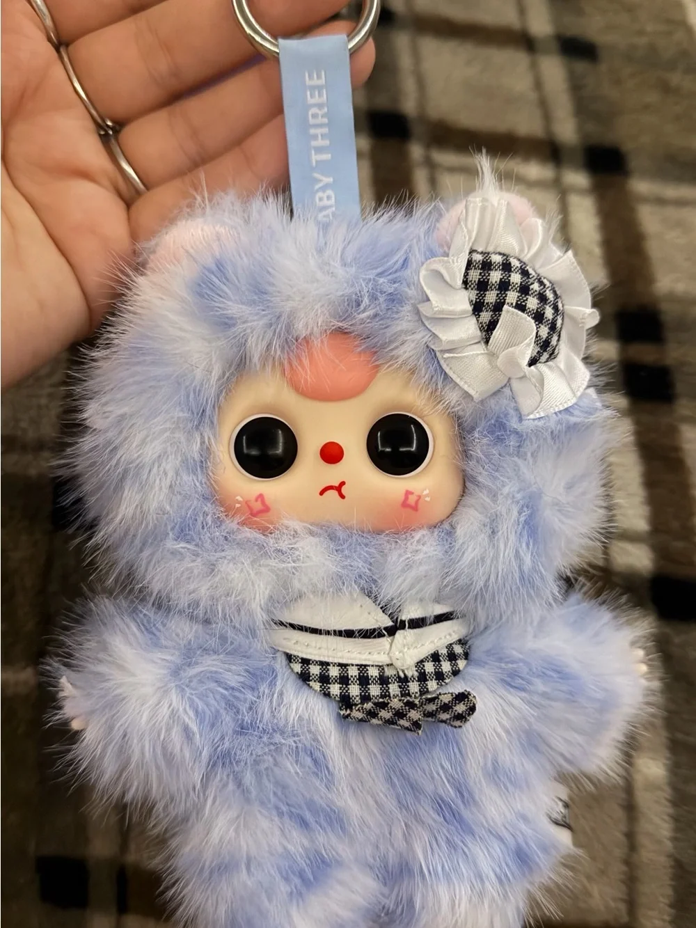 Baby Three Plush Blue Faux-Fur Doll Keychain Accessory